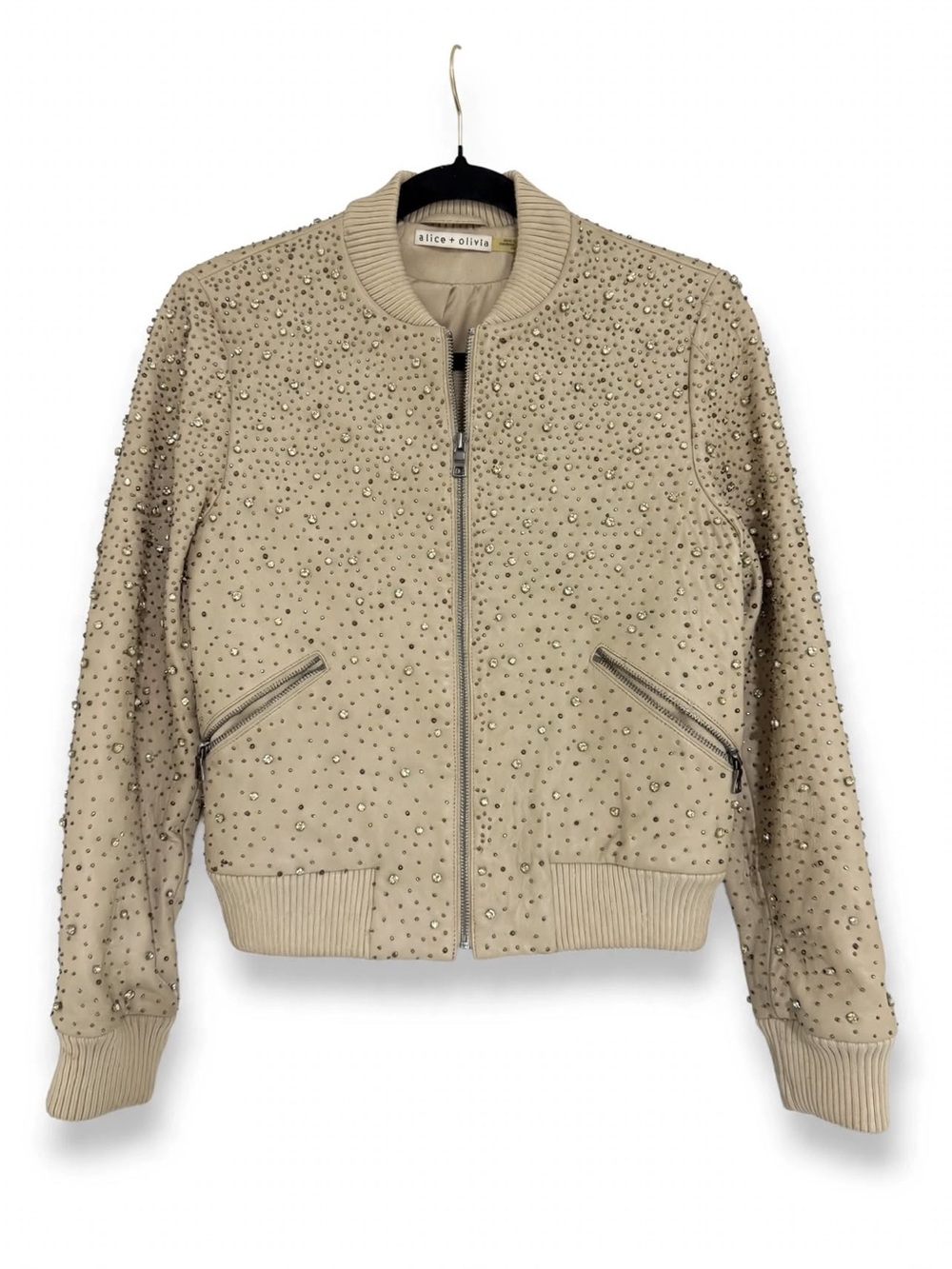Alice + Olivia Demia Embellished Leather Bomber Jacket Rhinestone Studded S